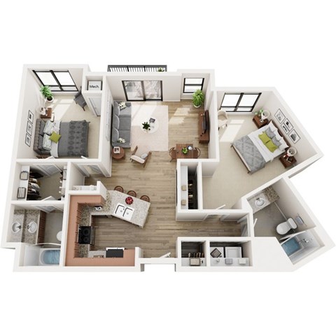 Floor plan for 2 beds, 2 baths, 1032 sqft